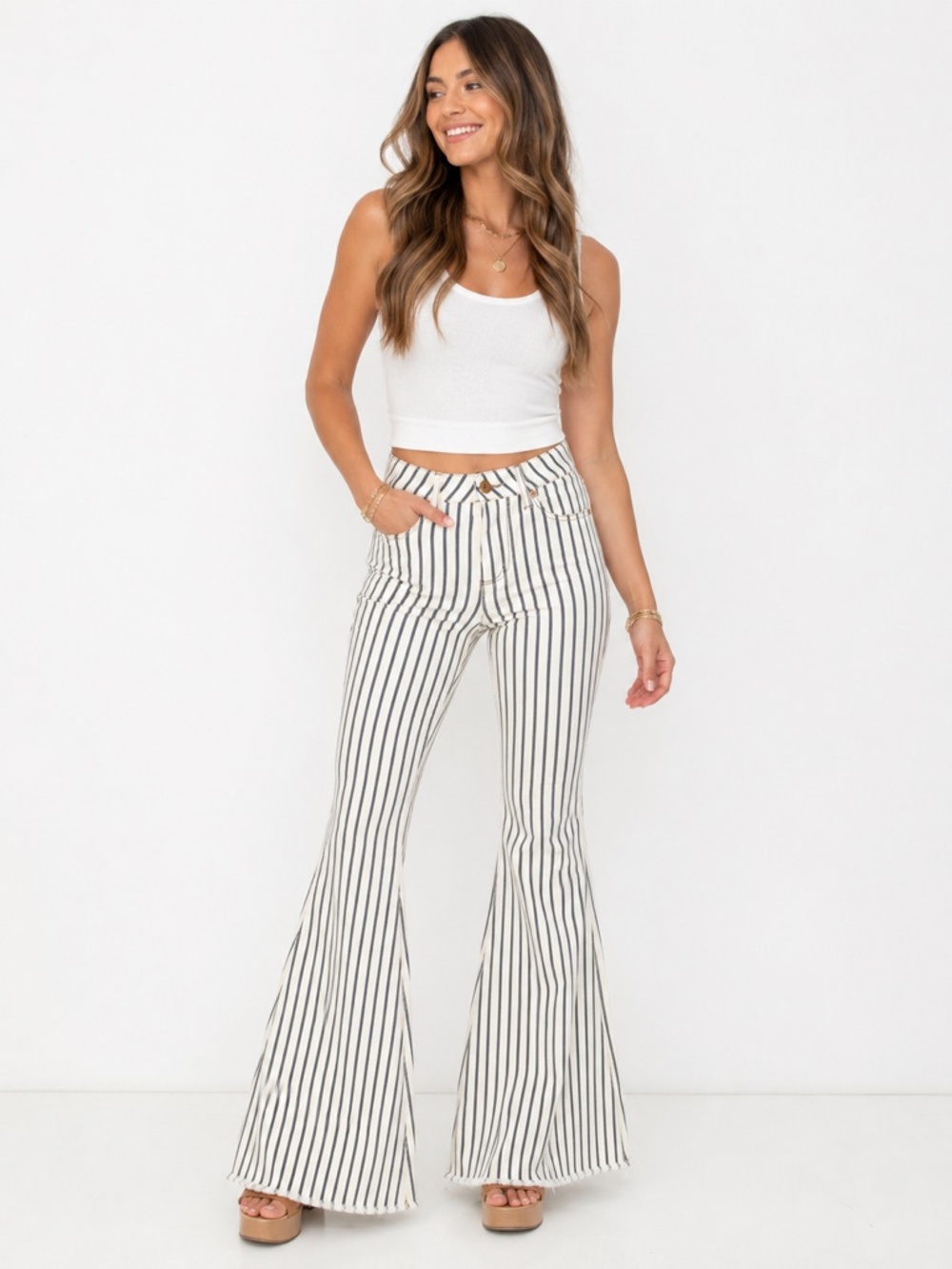 Judy Blue 9/29 High Rise Navy Pinstripe Flare Jeans Raw Hem Boho Western